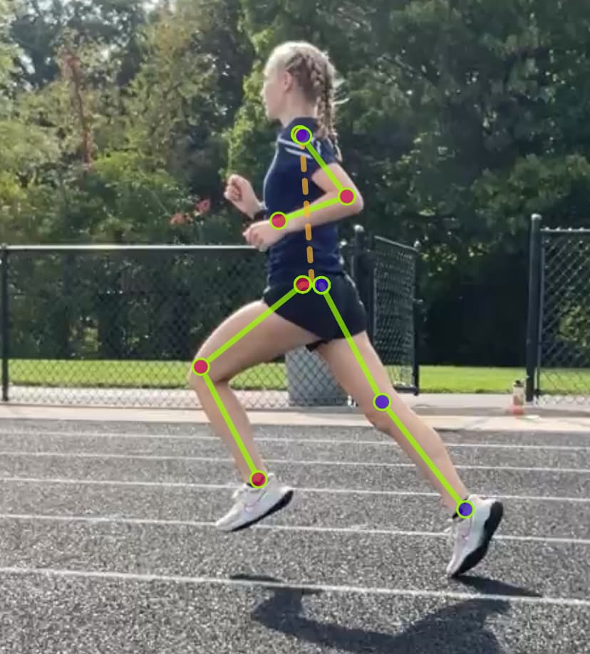 Slow-motion video frame of a runner with joint markers and angle lines overlaid on the hip, knee, and ankle to measure running mechanics.